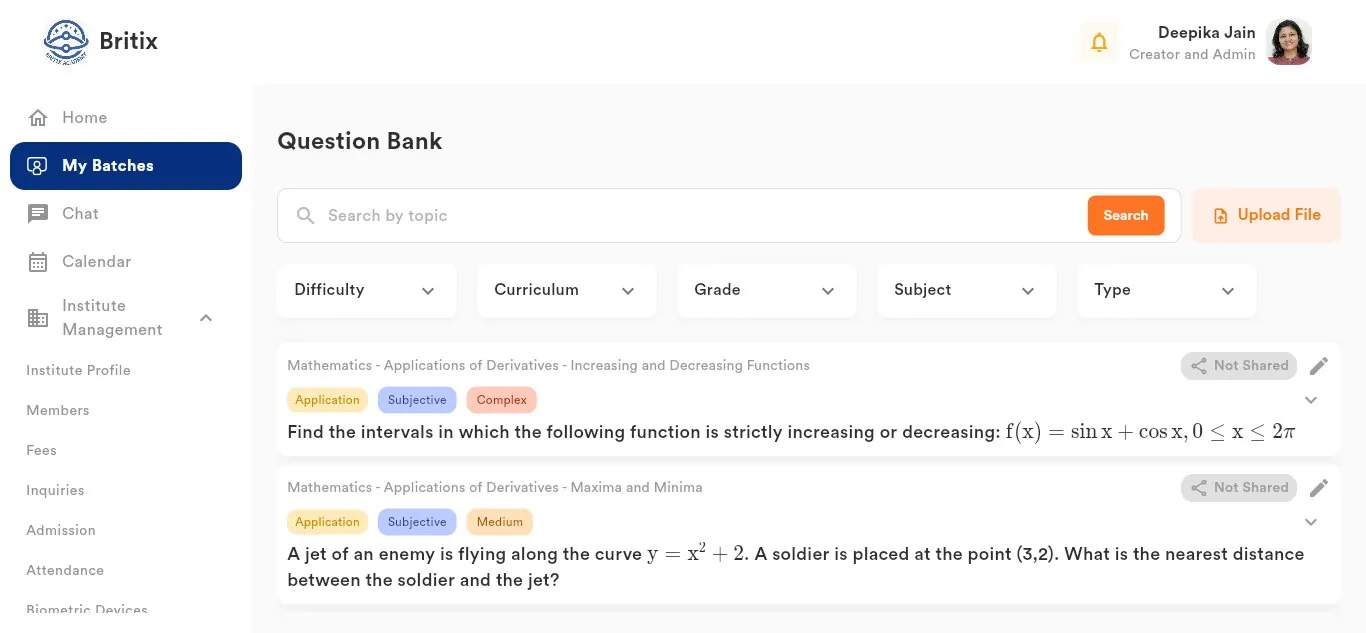 CTeach AI question bank screen