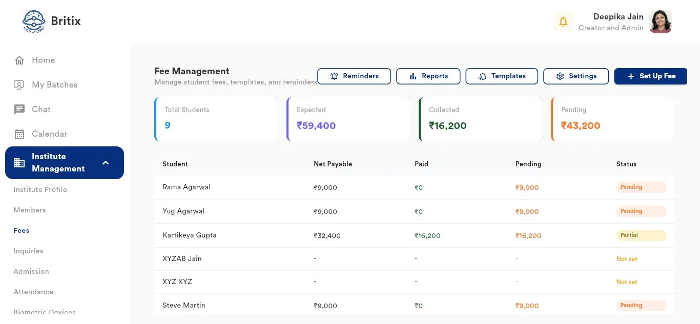 CTeach fee management screen
